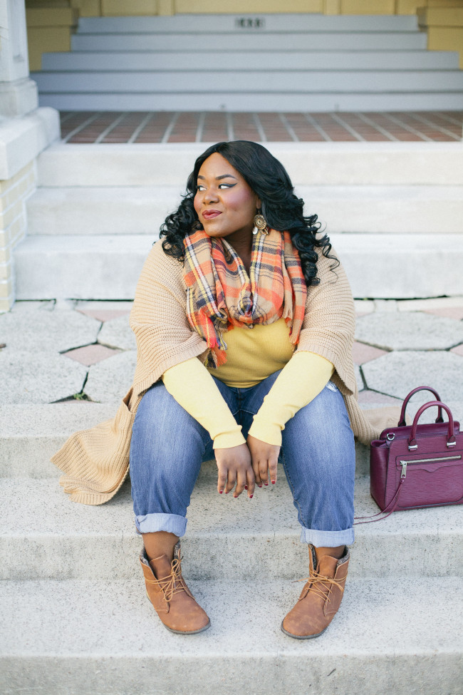 Musings of a Curvy Lady, Plus Size Fashion, Fashion Blogger, Lane Bryant, Fall Fashion, Casual Look, Plaid Scarf, Distressed BoyFriend Jeans, Old Navy, ShoeDazzle, Ankle Boots