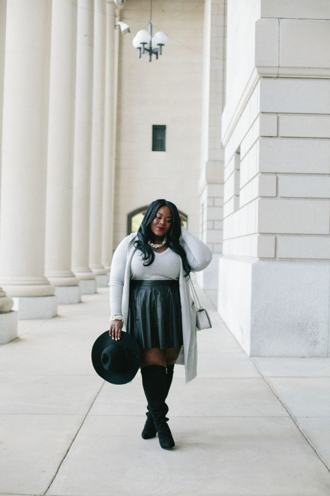 Musings of a Curvy Lady, Plus Size Fashion, Fashion Blogger, Leather Skirt, Over the Knee Boots, Lane Bryant, Knits, Women's Fashion, Grey and Black Outfit, Fall Fashion, Winter Fashion, Rebecca Minkoff, ASOS, Torrid, #PlusIsEqual, Style Hunter, #RealOutfitGram, #YouGotItRight, #MCBeautyRoadshow, The Outfit