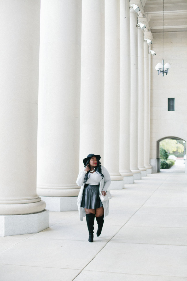 Musings of a Curvy Lady, Plus Size Fashion, Fashion Blogger, Leather Skirt, Over the Knee Boots, Lane Bryant, Knits, Women's Fashion, Grey and Black Outfit, Fall Fashion, Winter Fashion, Rebecca Minkoff, ASOS, Torrid, #PlusIsEqual, Style Hunter, #RealOutfitGram, #YouGotItRight, #MCBeautyRoadshow, The Outfit