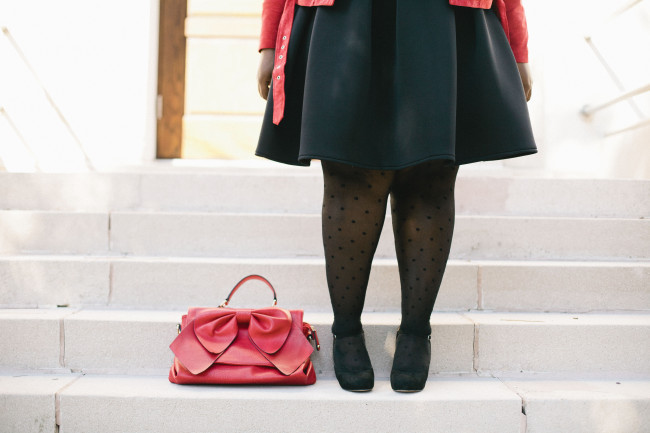 Musings of a Curvy Lady, Plus Size Fashion, Fashion Blogger, Full Skirt, FullBeauty, Red Moto Jacket, Suede Jacket, Polka Dot tights, Mary Janes, Crown Vintage, Red Bow, Full Black Skirt, Pleated Skirt, Women's Fashion, #OWNYOURCURVES, #REALOUTFITGRAM, Style Hunter, StyleWatch Magazine