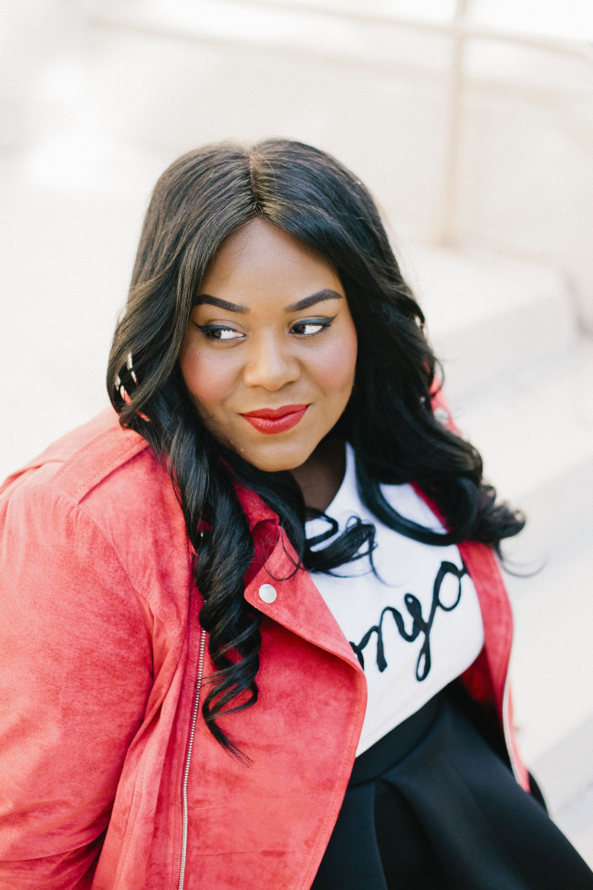 Musings of a Curvy Lady, Plus Size Fashion, Fashion Blogger, Full Skirt, FullBeauty, Red Moto Jacket, Suede Jacket, Polka Dot tights, Mary Janes, Crown Vintage, Red Bow, Full Black Skirt, Pleated Skirt, Women's Fashion, #OWNYOURCURVES, #REALOUTFITGRAM, Style Hunter, StyleWatch Magazine