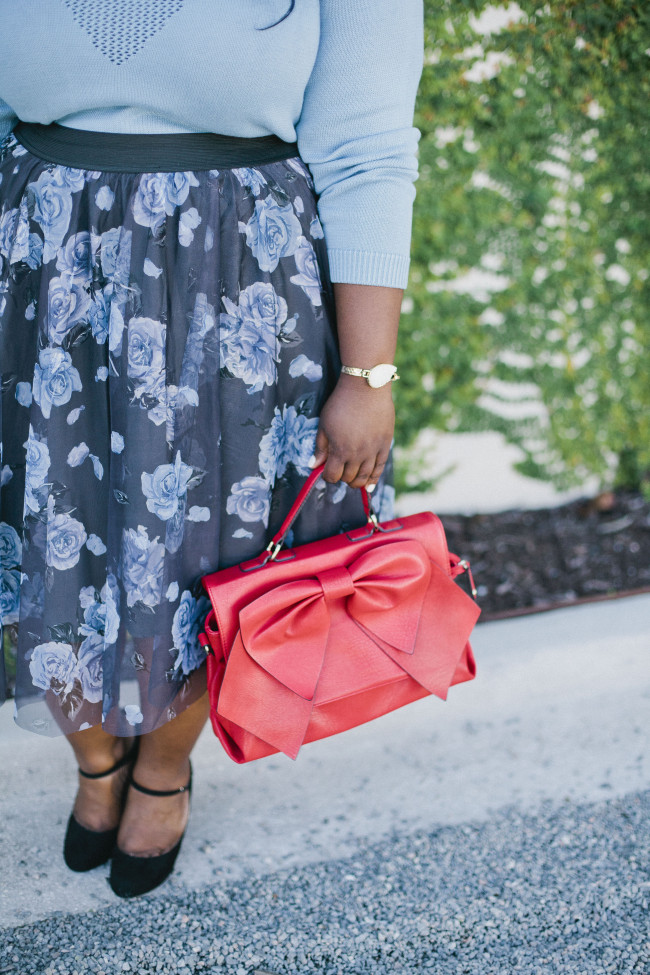 Musings of a Curvy Lady, Plus Size Fashion, Fashion Blogger, Women's Fashion, Torrid, FullBeauty, Blue Sweater, Floral Skirt, Mary Janes, Vintage Inspired, Style Hunter, #OWNYOURCURVES, #REALOUTFITGRAM, #MCBeautyRoadShow