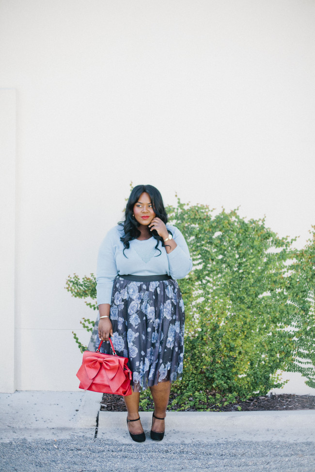 Musings of a Curvy Lady, Plus Size Fashion, Fashion Blogger, Women's Fashion, Torrid, FullBeauty, Blue Sweater, Floral Skirt, Mary Janes, Vintage Inspired, Style Hunter, #OWNYOURCURVES, #REALOUTFITGRAM, #MCBeautyRoadShow