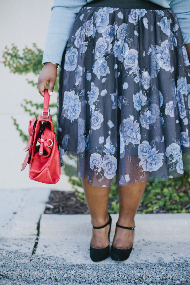 Musings of a Curvy Lady, Plus Size Fashion, Fashion Blogger, Women's Fashion, Torrid, FullBeauty, Blue Sweater, Floral Skirt, Mary Janes, Vintage Inspired, Style Hunter, #OWNYOURCURVES, #REALOUTFITGRAM, #MCBeautyRoadShow