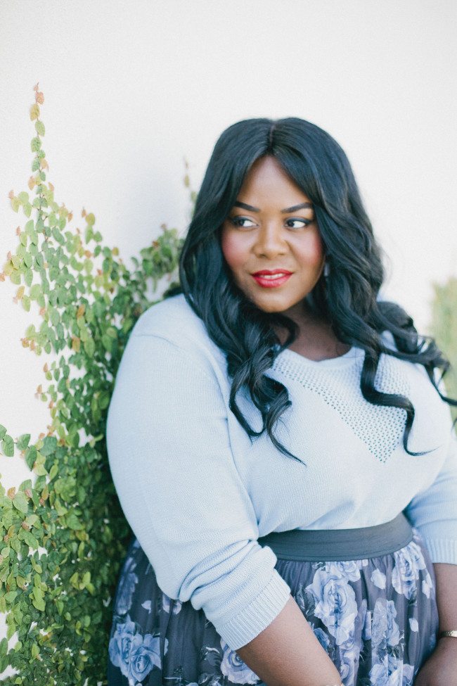 Musings of a Curvy Lady, Plus Size Fashion, Fashion Blogger, Women's Fashion, Torrid, FullBeauty, Blue Sweater, Floral Skirt, Mary Janes, Vintage Inspired, Style Hunter, #OWNYOURCURVES, #REALOUTFITGRAM, #MCBeautyRoadShow