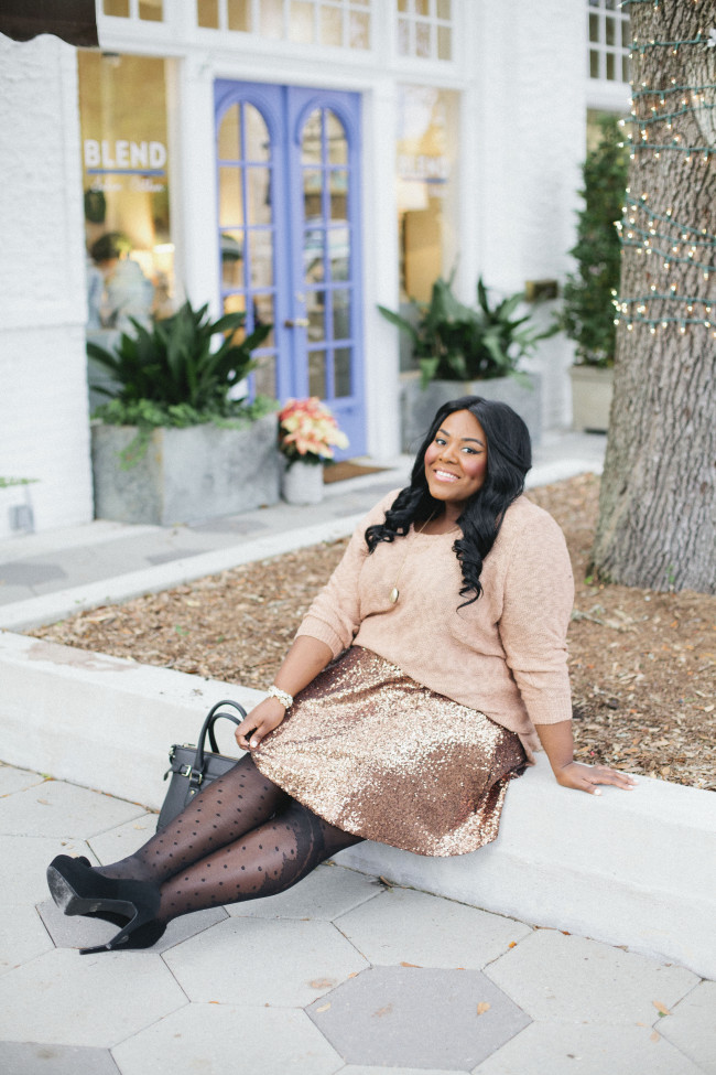 Musings of a Curvy Lady, Plus Size Fashion, Fashion Blogger, Women's Fashion, Charlotte Russe Plus, Charlotte Russe, Sequin Skater Skirt, Sequin Skirt, Gold Sequins, Polka Dot Tights, Glam Outfit, StyleWatch Magazine, Style Hunter, #REALOUTFITGRAM, #MCBeautyRoadShow