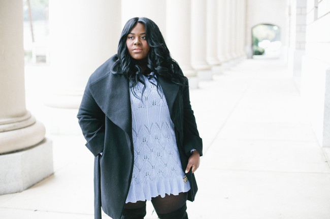 Musings of a Curvy Lady, Plus Size Fashion, Fashion Blogger, StyleWatch Magazine, Style Hunter, Pastel Winter Outfit, Women's Fashion, Winter Fashion, Sweater Dress, Over the Knee Boots, Sammy Dresses, Baby Blue Outfit, Crotchet Sweater, Eloquii, #YOUGOTITRIGHT, #REALOUTFITGRAM, The Outfit, #MCBeautyRoadshow