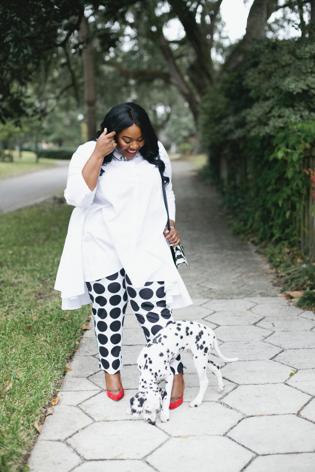 Musings of a Curvy Lady, Plus Size Fashion, Fashion Blogger, Ashley Stewart, Duster, Polka Dot Pants, Ruffled Duster, Dalmatian, Dalmatian Puppy, Jacksonville, Florida, Florida Blogger, Printed Pants, Women's Outfit, StyleWatch Magazine, The Outfit, #realOutfitGram 