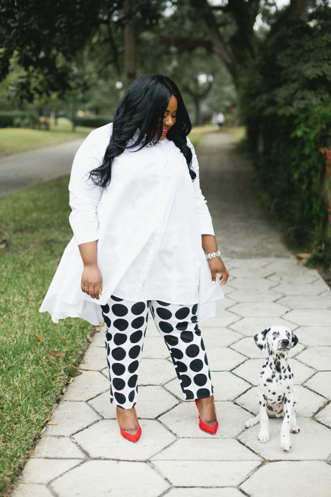 Musings of a Curvy Lady, Plus Size Fashion, Fashion Blogger, Ashley Stewart, Duster, Polka Dot Pants, Ruffled Duster, Dalmatian, Dalmatian Puppy, Jacksonville, Florida, Florida Blogger, Printed Pants, Women's Outfit, StyleWatch Magazine, The Outfit, #realOutfitGram 