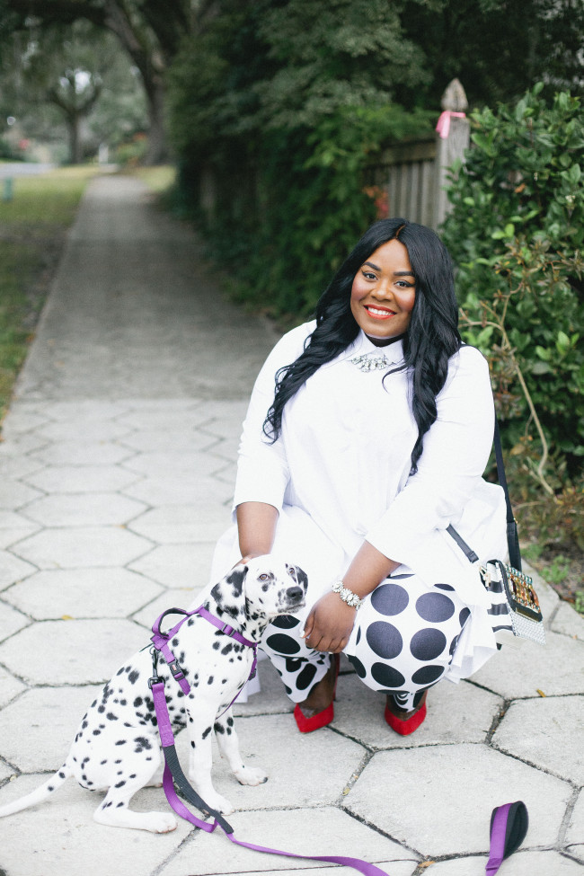 Musings of a Curvy Lady, Plus Size Fashion, Fashion Blogger, Ashley Stewart, Duster, Polka Dot Pants, Ruffled Duster, Dalmatian, Dalmatian Puppy, Jacksonville, Florida, Florida Blogger, Printed Pants, Women's Outfit, StyleWatch Magazine, The Outfit, #realOutfitGram 