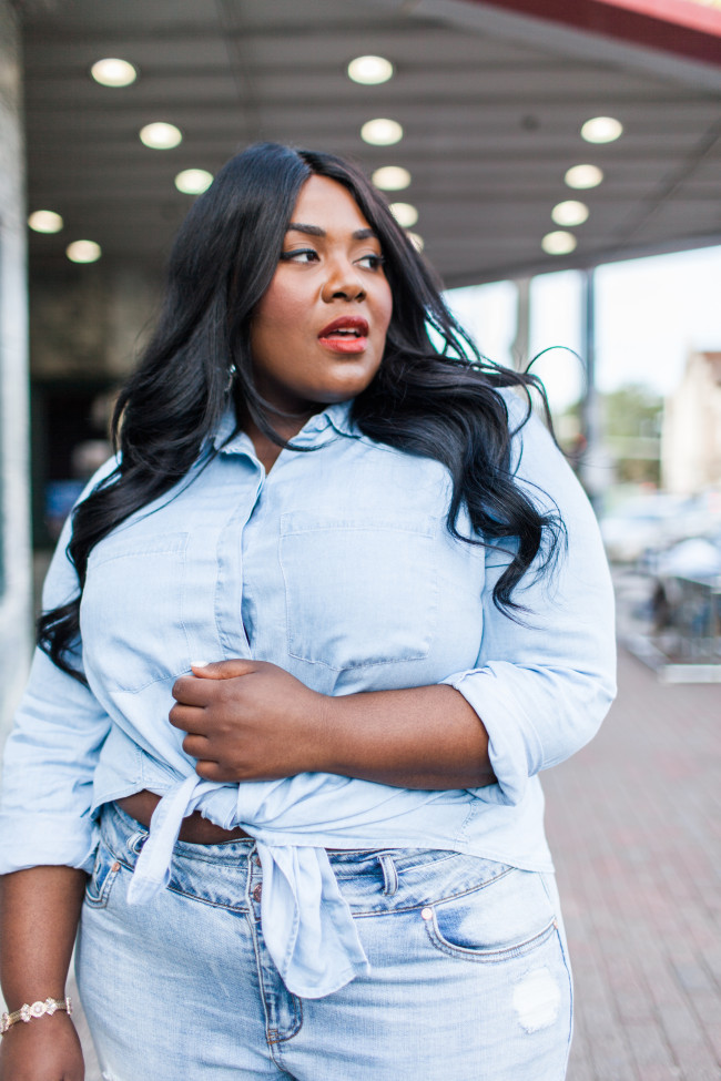 Musings of a Curvy Lady, Plus Size Fashion, Fashion Blogger, Canadian Tuxedo, Movie Night, Charlotte Russe Plus