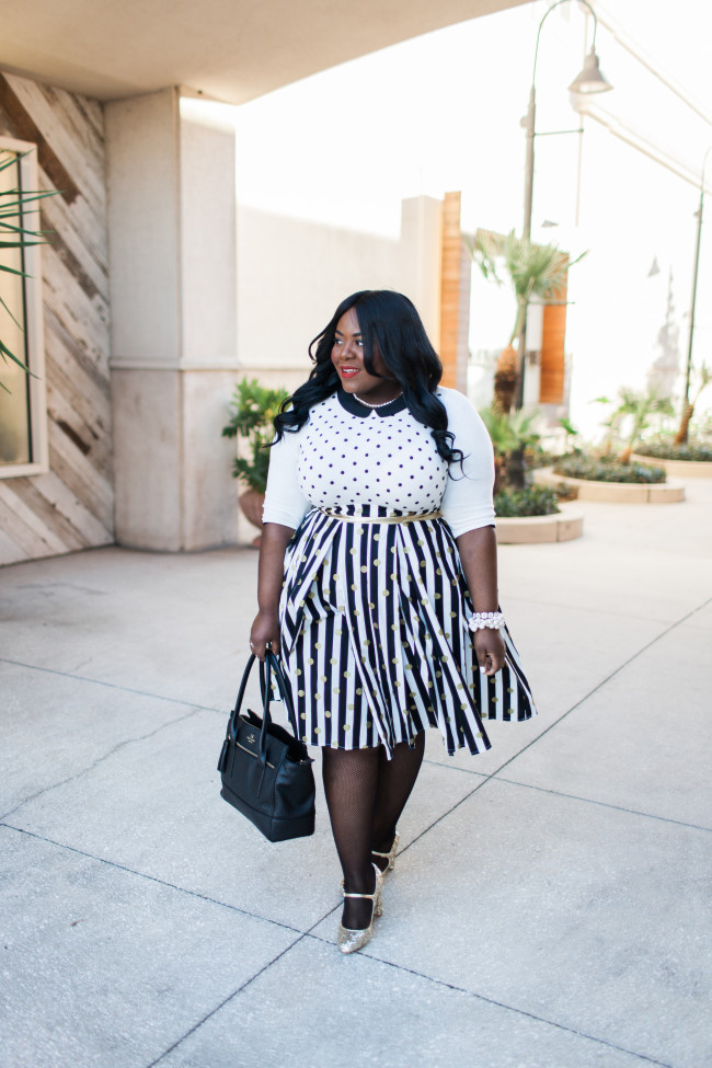 Musings of a Curvy Lady, Plus Size Fashion, Fashion Blogger, Women's Fashion, Polka Dot Skirt, Striped Skirt, Full Skirt, Box Pleated Skirt, Etsy Shop, Great Skirts by Nate, Kohl's, ELLE for Kohl's, Kate Spade Gold Sequin Mary Jane, Style Hunter, The Outfit, #RealOutfitGram