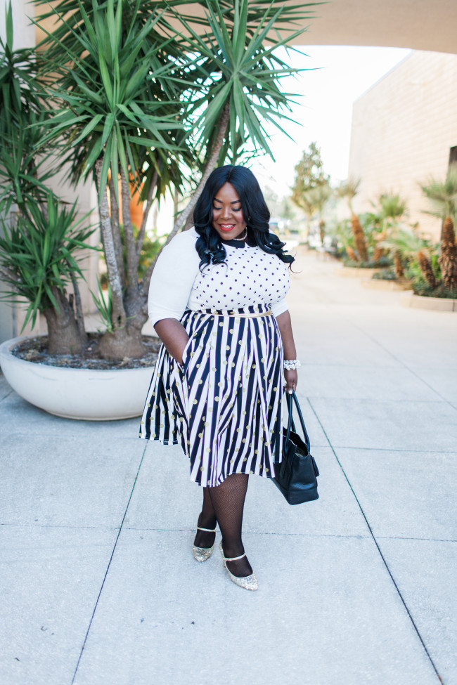 Musings of a Curvy Lady, Plus Size Fashion, Fashion Blogger, Women's Fashion, Polka Dot Skirt, Striped Skirt, Full Skirt, Box Pleated Skirt, Etsy Shop, Great Skirts by Nate, Kohl's, ELLE for Kohl's, Kate Spade Gold Sequin Mary Jane, Style Hunter, The Outfit, #RealOutfitGram