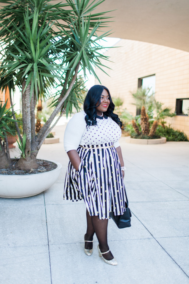 Musings of a Curvy Lady, Plus Size Fashion, Fashion Blogger, Women's Fashion, Polka Dot Skirt, Striped Skirt, Full Skirt, Box Pleated Skirt, Etsy Shop, Great Skirts by Nate, Kohl's, ELLE for Kohl's, Kate Spade Gold Sequin Mary Jane, Style Hunter, The Outfit, #RealOutfitGram