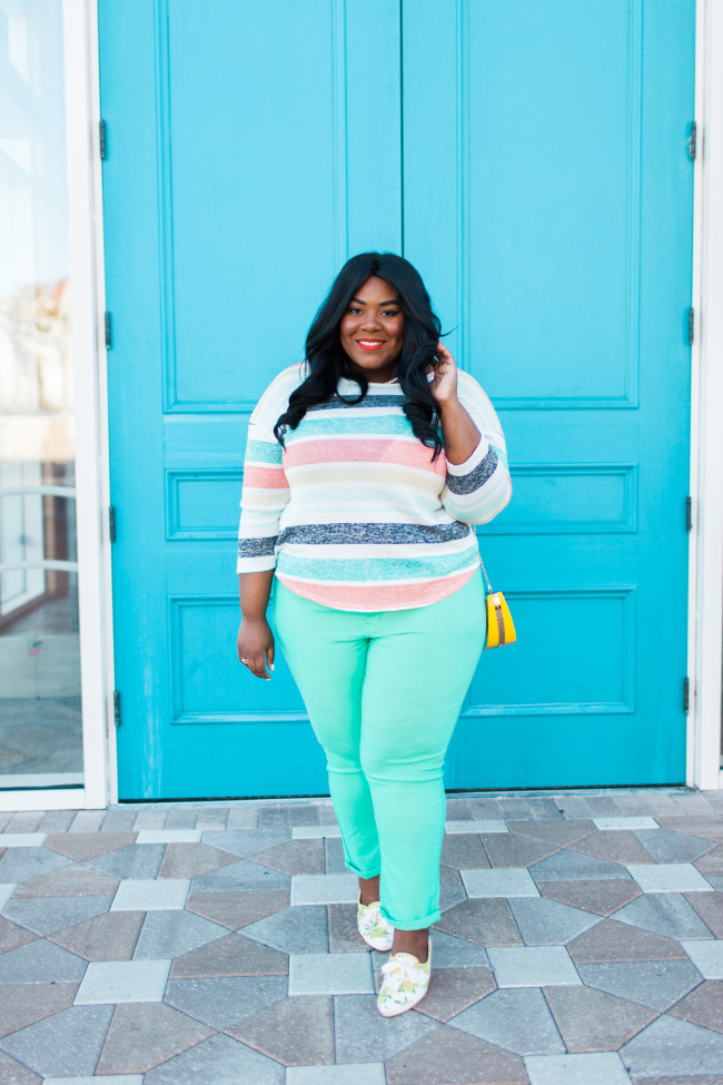 Musings of a Curvy Lady, Plus Size Fashion, Fashion Blogger, Women's Fashion, Discount Women's Fashion, It's Fashion Metro, Spring Fashion, Striped Colored Knit Top, Kate Spade Keds, Lemon Print, Style Hunter, The Outfit, #realOutfitGram