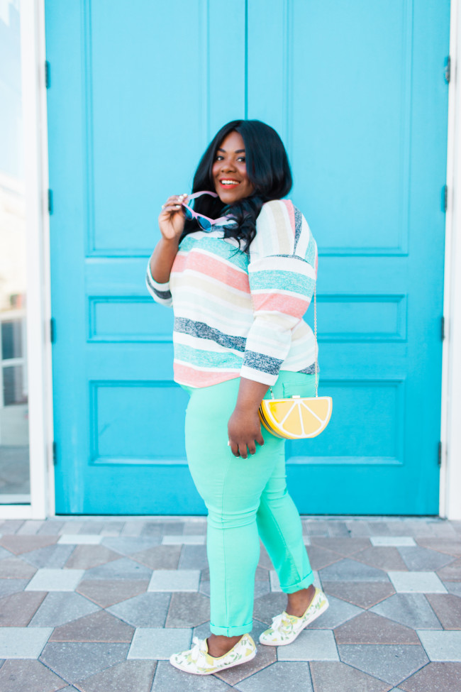 Musings of a Curvy Lady, Plus Size Fashion, Fashion Blogger, Women's Fashion, Discount Women's Fashion, It's Fashion Metro, Spring Fashion, Striped Colored Knit Top, Kate Spade Keds, Lemon Print, Style Hunter, The Outfit, #realOutfitGram