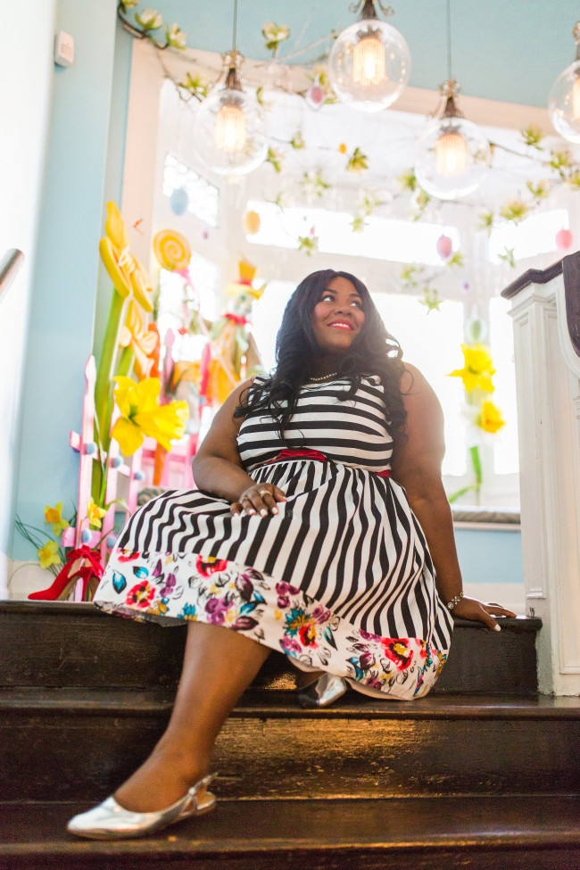 Musings of a Curvy Lady, Fit and Flare Dress, Plus Size Fashion, Fashion Blogger, Women's Fashion, Spring Fashion, ModCloth, Striped Dress, Floral Print, Mix Prints, Candy Apple Cafe, Jacksonville, Florida, Style Hunter, The Outfit, #RealOutfitGram