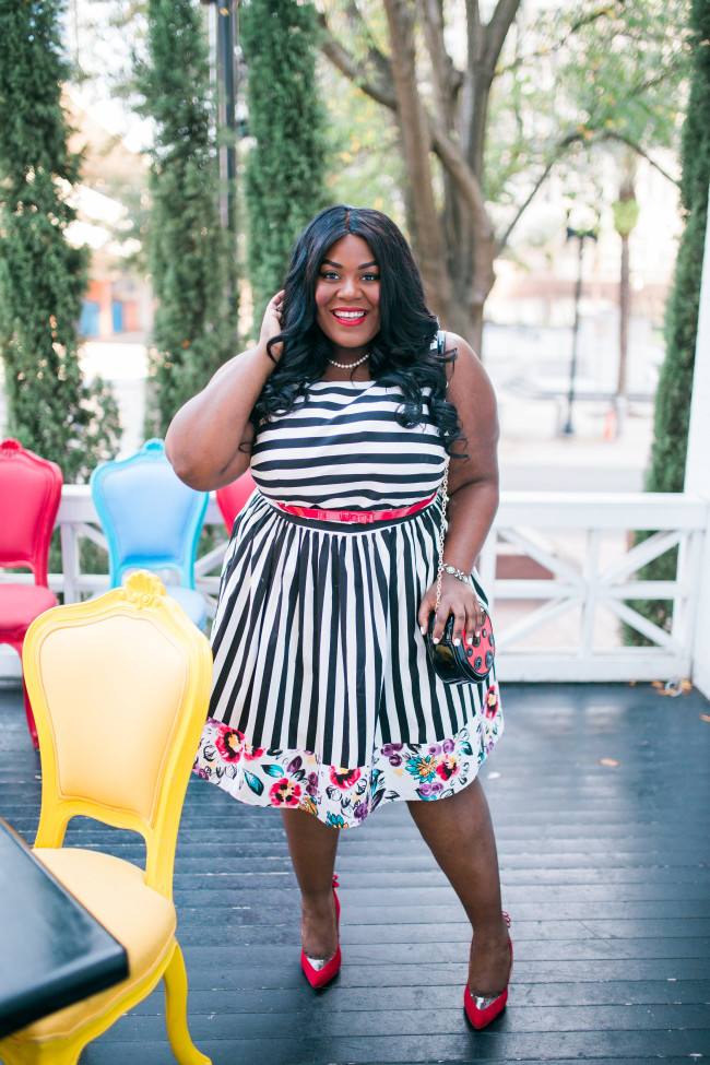 Musings of a Curvy Lady, Fit and Flare Dress, Plus Size Fashion, Fashion Blogger, Women's Fashion, Spring Fashion, ModCloth, Striped Dress, Floral Print, Mix Prints, Candy Apple Cafe, Jacksonville, Florida, Style Hunter, The Outfit, #RealOutfitGram