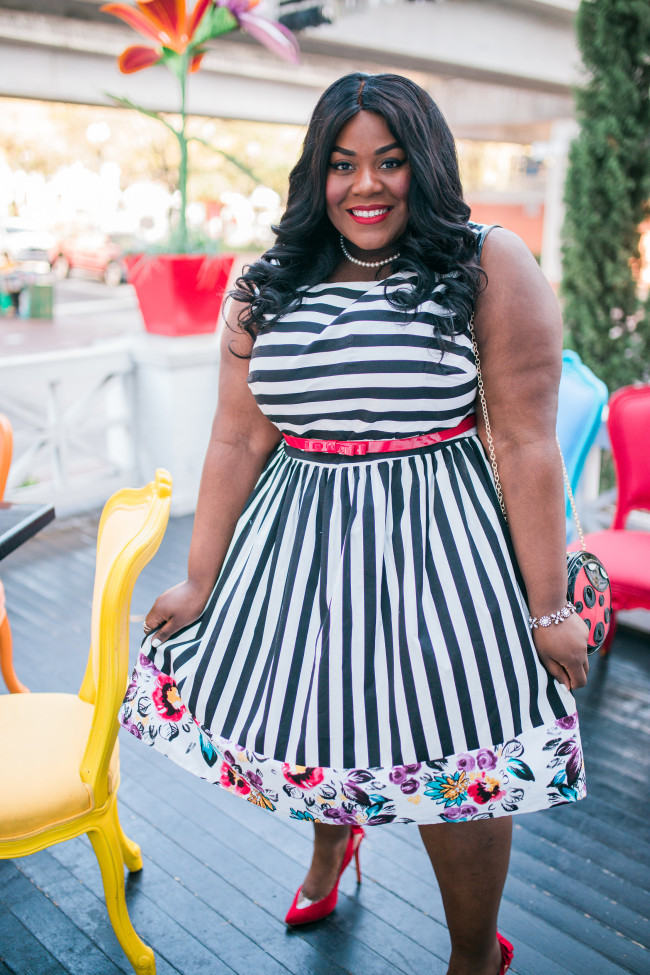 Musings of a Curvy Lady, Fit and Flare Dress, Plus Size Fashion, Fashion Blogger, Women's Fashion, Spring Fashion, ModCloth, Striped Dress, Floral Print, Mix Prints, Candy Apple Cafe, Jacksonville, Florida, Style Hunter, The Outfit, #RealOutfitGram