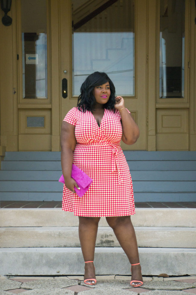 Musings of a Curvy Lady, Plus Size Fashion, Fashion Blogger, Florida Fashion, Florida Blogger, Jacksonville, Orlando, Tampa, Miami, Resort Wear, Leota New York, Gingham Print, Wrap Dress, Neon Coral, Summer Fashion, Style Hunter, The Outfit, StyleWatch Magazine, OOTD, Women's Fashion