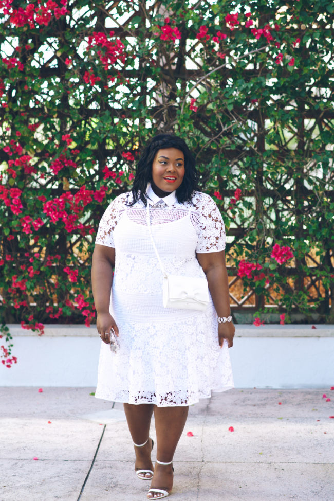 Musings of a Curvy Lady, Plus Size Fashion, Fashion Blogger, OOTD, Style Hunter, The Outfit, StyleWatch Magazine, Eloquii, White Lace Dress, Spring Fashion, Sam Edelman, Kate Spade, Bow Purse, Bougainvillea, Florida, Jacksonville, Miami, Coral Gables, Orlando, Tampa 