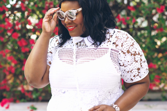 Musings of a Curvy Lady, Plus Size Fashion, Fashion Blogger, OOTD, Style Hunter, The Outfit, StyleWatch Magazine, Eloquii, White Lace Dress, Spring Fashion, Sam Edelman, Kate Spade, Bow Purse, Bougainvillea, Florida, Jacksonville, Miami, Coral Gables, Orlando, Tampa 