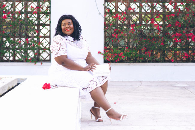 Musings of a Curvy Lady, Plus Size Fashion, Fashion Blogger, OOTD, Style Hunter, The Outfit, StyleWatch Magazine, Eloquii, White Lace Dress, Spring Fashion, Sam Edelman, Kate Spade, Bow Purse, Bougainvillea, Florida, Jacksonville, Miami, Coral Gables, Orlando, Tampa 