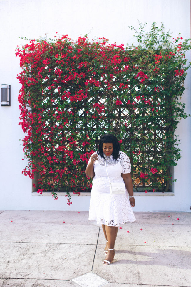 Musings of a Curvy Lady, Plus Size Fashion, Fashion Blogger, OOTD, Style Hunter, The Outfit, StyleWatch Magazine, Eloquii, White Lace Dress, Spring Fashion, Sam Edelman, Kate Spade, Bow Purse, Bougainvillea, Florida, Jacksonville, Miami, Coral Gables, Orlando, Tampa 