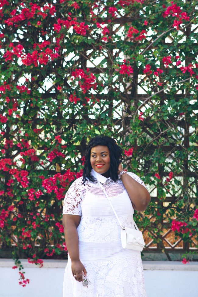 Musings of a Curvy Lady, Plus Size Fashion, Fashion Blogger, OOTD, Style Hunter, The Outfit, StyleWatch Magazine, Eloquii, White Lace Dress, Spring Fashion, Sam Edelman, Kate Spade, Bow Purse, Bougainvillea, Florida, Jacksonville, Miami, Coral Gables, Orlando, Tampa 