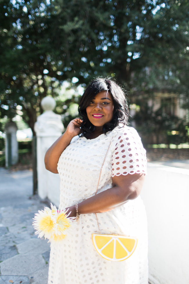 Musings of a Curvy Lady, Plus Size Fashion, Fashion Blogger, Florida Blogger, White Eyelet Dress, LoveDrobe, Navabi Fashion, Spring Fashion, Summer Fashion, Little White Dress, Jacksonville, Orlando, Tampa, Miami, Florida, Lemon Clutch