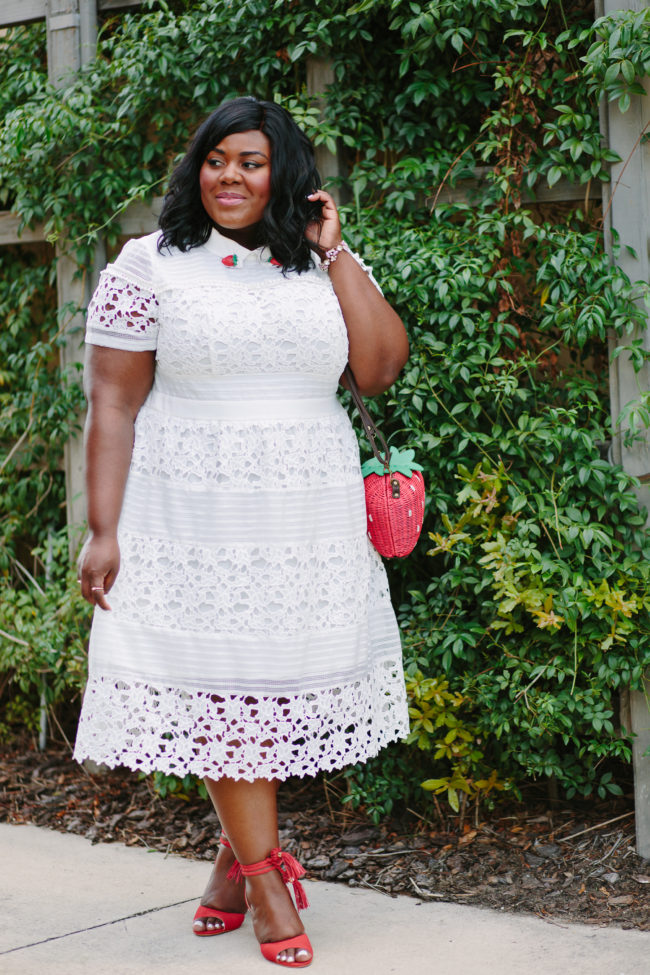 Musings of a Curvy Lady, Plus Size Fashion, Fashion Blogger, Summer Fashion, Women's Fashion, Wedding Attire, Wedding Guest Attire, White Lace Dress, All white outfit, Florida Blogger, Jacksonville, Orlando, Tampa, Miami, Style Blogger, ModCloth, Unique Vintage, Sam Camuto, Strawberry Handbag, Strawberry Pin, Fringe Sandals