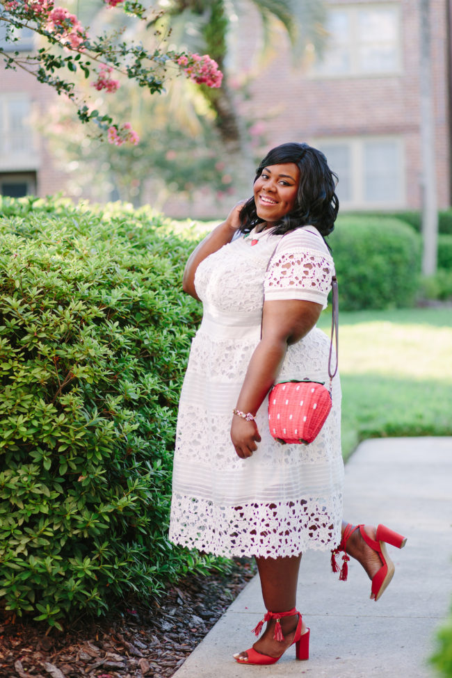 Musings of a Curvy Lady, Plus Size Fashion, Fashion Blogger, Summer Fashion, Women's Fashion, Wedding Attire, Wedding Guest Attire, White Lace Dress, All white outfit, Florida Blogger, Jacksonville, Orlando, Tampa, Miami, Style Blogger, ModCloth, Unique Vintage, Sam Camuto, Strawberry Handbag, Strawberry Pin, Fringe Sandals