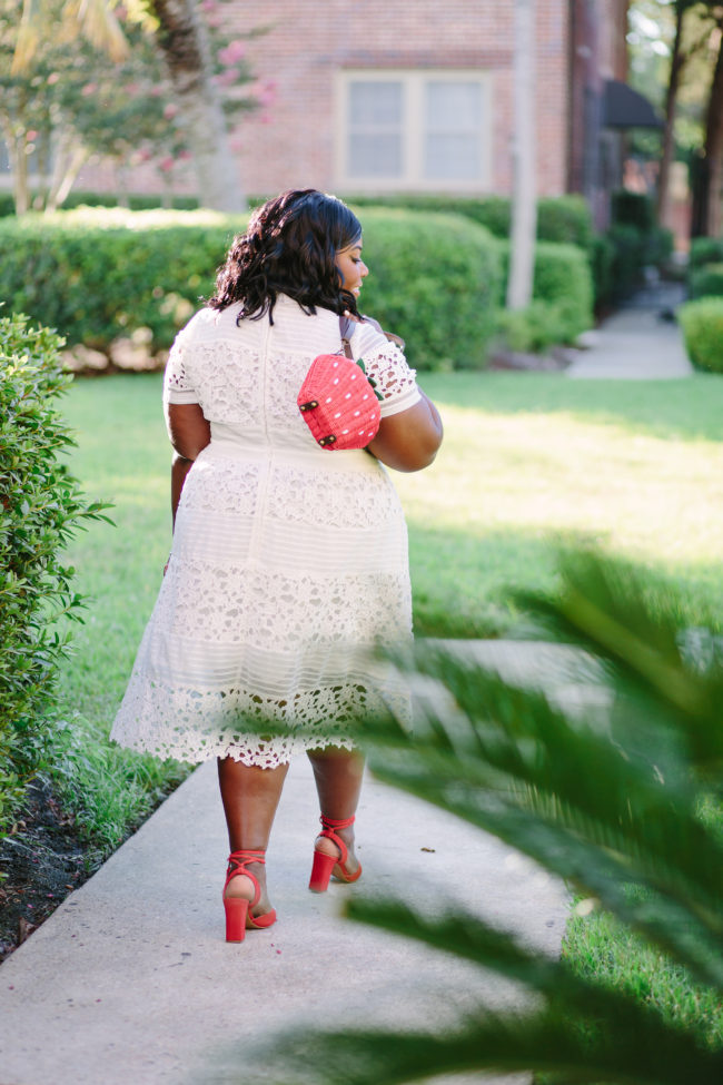 Musings of a Curvy Lady, Plus Size Fashion, Fashion Blogger, Summer Fashion, Women's Fashion, Wedding Attire, Wedding Guest Attire, White Lace Dress, All white outfit, Florida Blogger, Jacksonville, Orlando, Tampa, Miami, Style Blogger, ModCloth, Unique Vintage, Sam Camuto, Strawberry Handbag, Strawberry Pin, Fringe Sandals