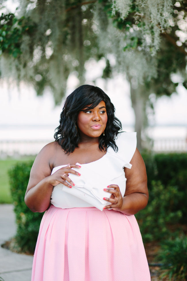 Musings of a Curvy Lady, Plus Size Fashion, Fashion Blogger, Style Blogger, Plus Size Model, Eloquii, Ruffles, Pink Peonies, #XOQ, Style Hunter, The Outfit, Women's Fashion, Pink Skirt, Sam Edelman, MAC Modern Romance