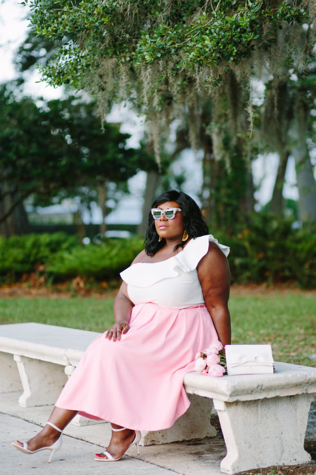 Musings of a Curvy Lady, Plus Size Fashion, Fashion Blogger, Style Blogger, Plus Size Model, Eloquii, Ruffles, Pink Peonies, #XOQ, Style Hunter, The Outfit, Women's Fashion, Pink Skirt, Sam Edelman, MAC Modern Romance