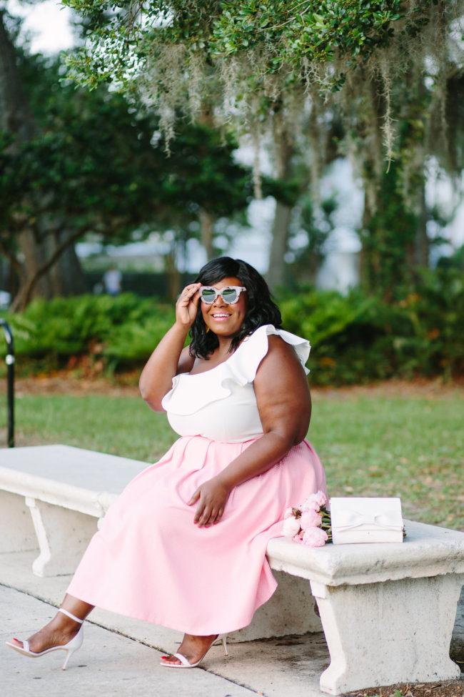 Musings of a Curvy Lady, Plus Size Fashion, Fashion Blogger, Style Blogger, Plus Size Model, Eloquii, Ruffles, Pink Peonies, #XOQ, Style Hunter, The Outfit, Women's Fashion, Pink Skirt, Sam Edelman, MAC Modern Romance