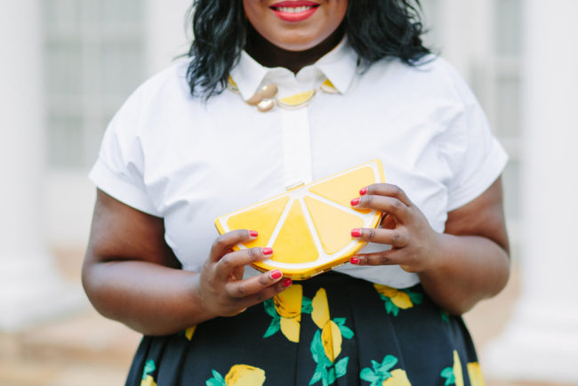 Musings of a Curvy Lady, Plus Size Fashion, Fashion Blogger, Style Blogger, Women's Fashion, NY and Company, Eva Mendes, Lemon Print, Lemon Clutch, Lemon Print Skirt, The Outfit, StyleWatch Magazine, Style Hunter, Real Women Style