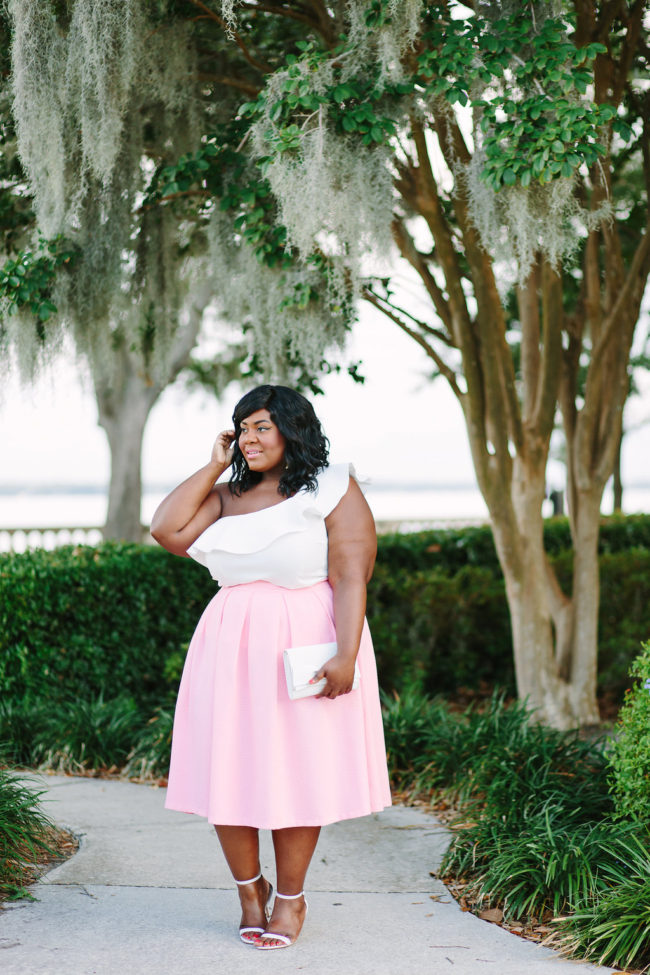 Musings of a Curvy Lady, Plus Size Fashion, Fashion Blogger, Style Blogger, Plus Size Model, Eloquii, Ruffles, Pink Peonies, #XOQ, Style Hunter, The Outfit, Women's Fashion, Pink Skirt, Sam Edelman, MAC Modern Romance