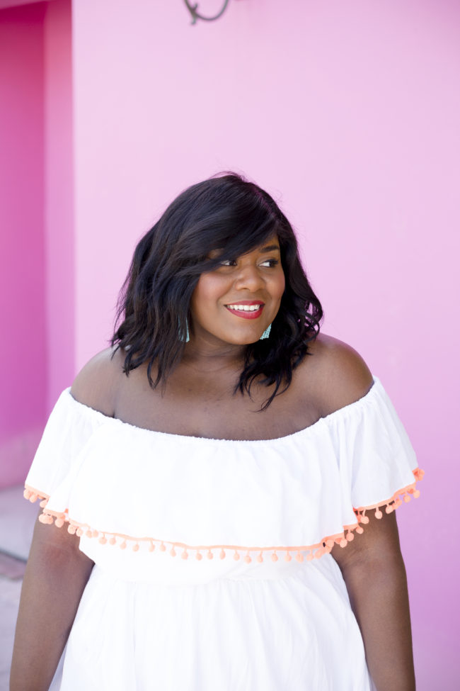 Musings of a Curvy Lady, Plus Size Fashion, Women's Fashion, Lane Bryant, Pom Pom Sandals, Off the Shoulder Dress, Jacksonville, West Palm Beach, Miami, Orlando, Tampa, Summer Fashion, StyleWatch Magazine, OOTD