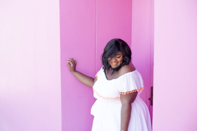 Musings of a Curvy Lady, Plus Size Fashion, Women's Fashion, Lane Bryant, Pom Pom Sandals, Off the Shoulder Dress, Jacksonville, West Palm Beach, Miami, Orlando, Tampa, Summer Fashion, StyleWatch Magazine, OOTD