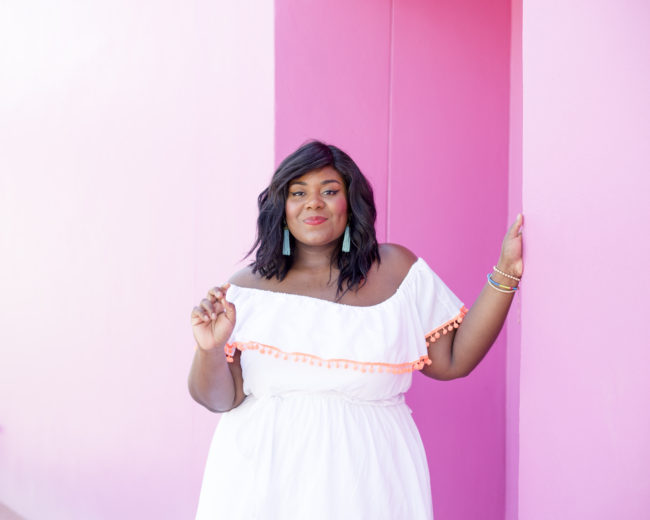 Musings of a Curvy Lady, Plus Size Fashion, Women's Fashion, Lane Bryant, Pom Pom Sandals, Off the Shoulder Dress, Jacksonville, West Palm Beach, Miami, Orlando, Tampa, Summer Fashion, StyleWatch Magazine, OOTD