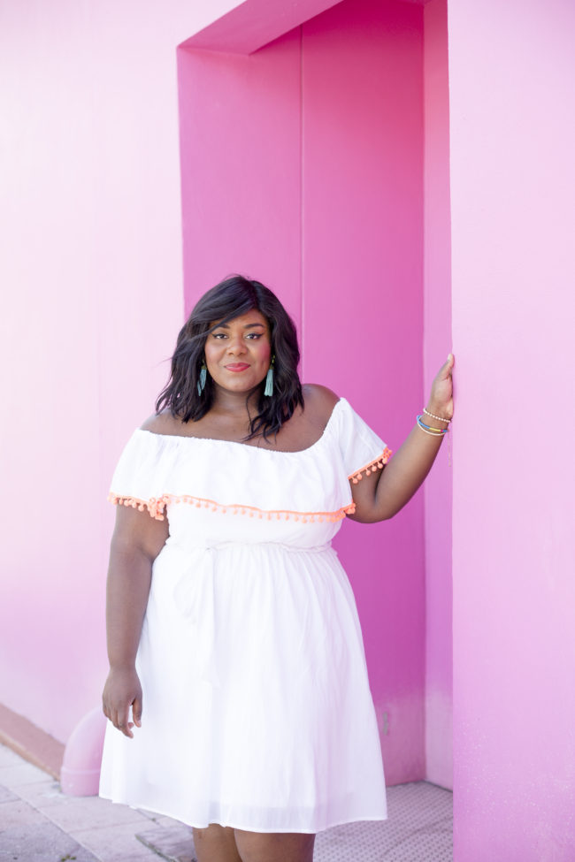 Musings of a Curvy Lady, Plus Size Fashion, Women's Fashion, Lane Bryant, Pom Pom Sandals, Off the Shoulder Dress, Jacksonville, West Palm Beach, Miami, Orlando, Tampa, Summer Fashion, StyleWatch Magazine, OOTD