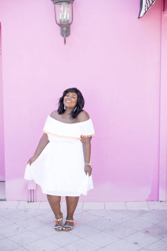 Musings of a Curvy Lady, Plus Size Fashion, Women's Fashion, Lane Bryant, Pom Pom Sandals, Off the Shoulder Dress, Jacksonville, West Palm Beach, Miami, Orlando, Tampa, Summer Fashion, StyleWatch Magazine, OOTD