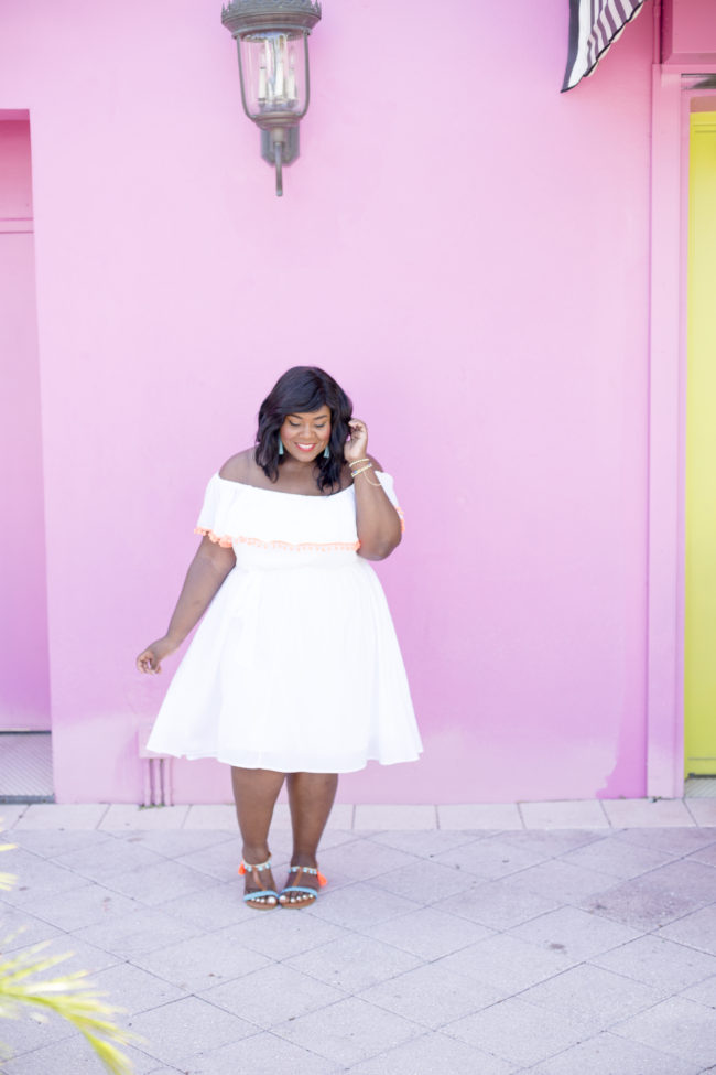 Musings of a Curvy Lady, Plus Size Fashion, Women's Fashion, Lane Bryant, Pom Pom Sandals, Off the Shoulder Dress, Jacksonville, West Palm Beach, Miami, Orlando, Tampa, Summer Fashion, StyleWatch Magazine, OOTD