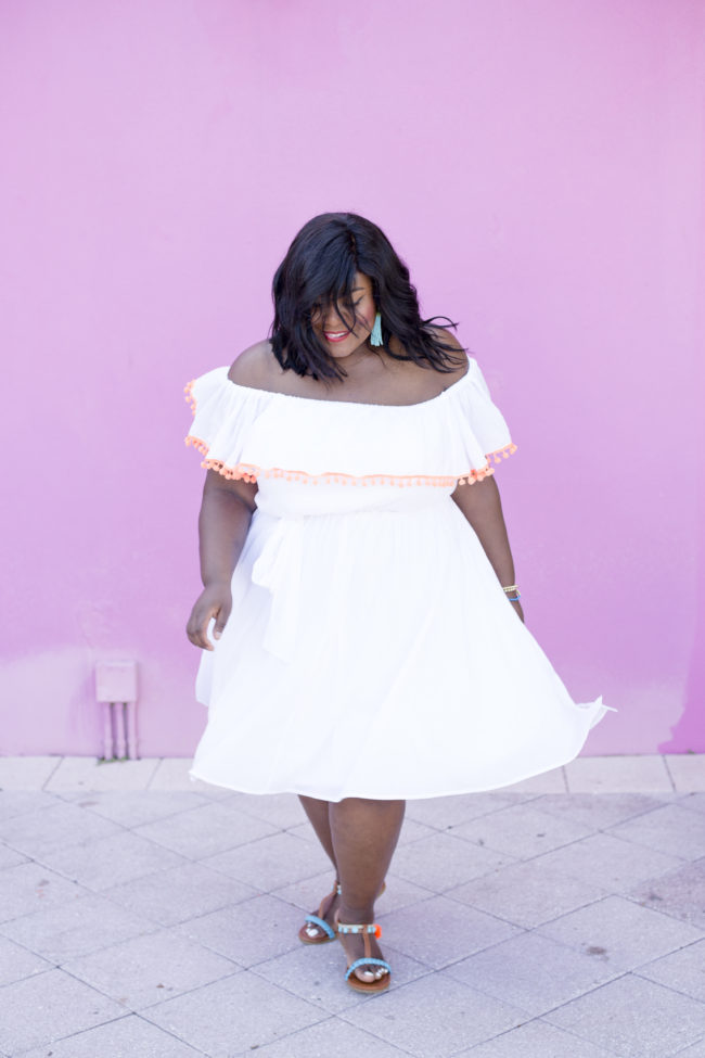 Musings of a Curvy Lady, Plus Size Fashion, Women's Fashion, Lane Bryant, Pom Pom Sandals, Off the Shoulder Dress, Jacksonville, West Palm Beach, Miami, Orlando, Tampa, Summer Fashion, StyleWatch Magazine, OOTD