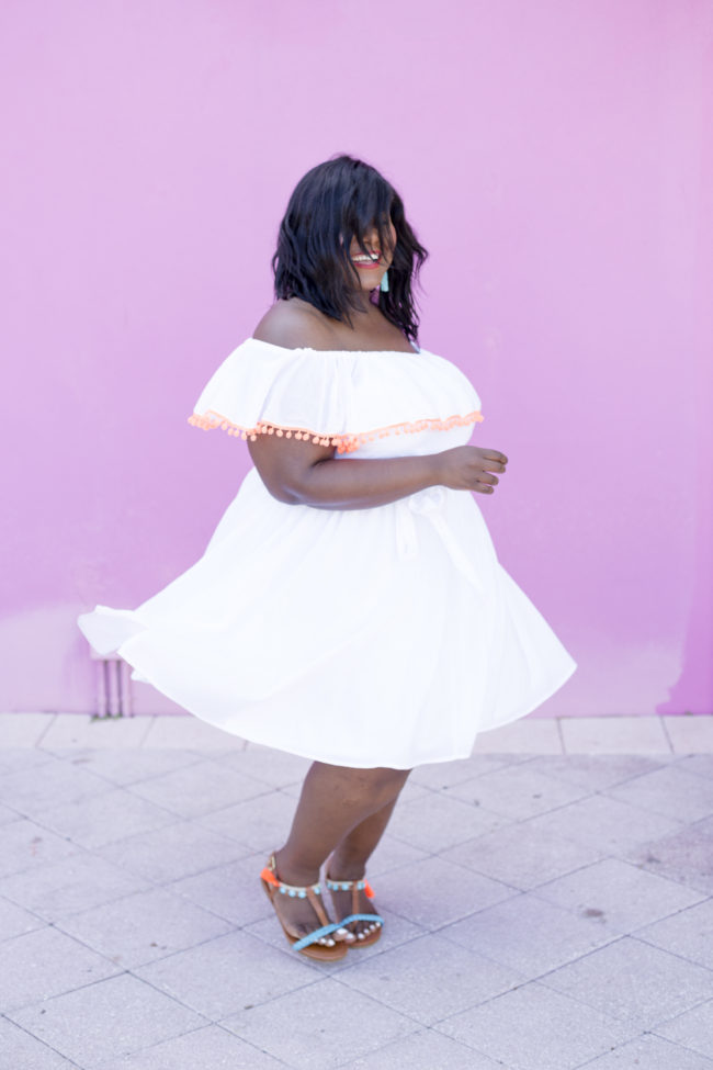 Musings of a Curvy Lady, Plus Size Fashion, Women's Fashion, Lane Bryant, Pom Pom Sandals, Off the Shoulder Dress, Jacksonville, West Palm Beach, Miami, Orlando, Tampa, Summer Fashion, StyleWatch Magazine, OOTD