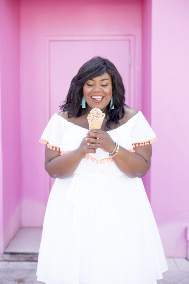 Musings of a Curvy Lady, Plus Size Fashion, Women's Fashion, Lane Bryant, Pom Pom Sandals, Off the Shoulder Dress, Jacksonville, West Palm Beach, Miami, Orlando, Tampa, Summer Fashion, StyleWatch Magazine, OOTD