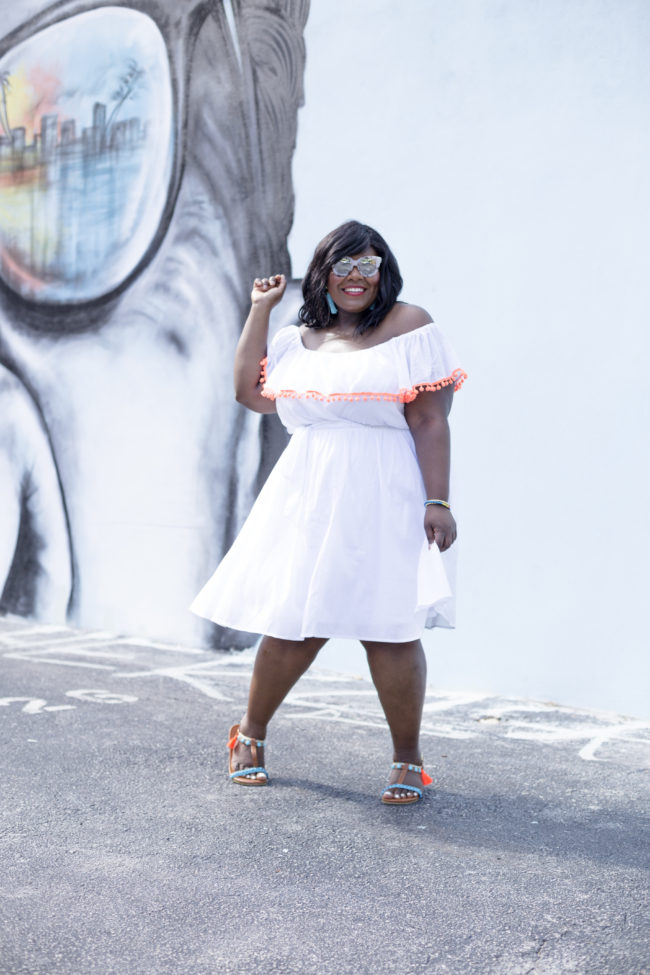 Musings of a Curvy Lady, Plus Size Fashion, Women's Fashion, Lane Bryant, Pom Pom Sandals, Off the Shoulder Dress, Jacksonville, West Palm Beach, Miami, Orlando, Tampa, Summer Fashion, StyleWatch Magazine, OOTD