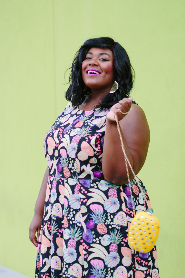 Musings of a Curvy Lady, Plus Size Fashion, Fashion Blogger, Gwynnie Bee, Rachel Antanoff for Gwynnie Bee, Fruit Print Dress, Pineapple Clutch, Women's Fashion, OOTD, Curvy Style, Nine West, Mango, Jacksonville, Orlando, Tampa, Miami, Florida, StyleWatch Magazine, Fashion Climaxx