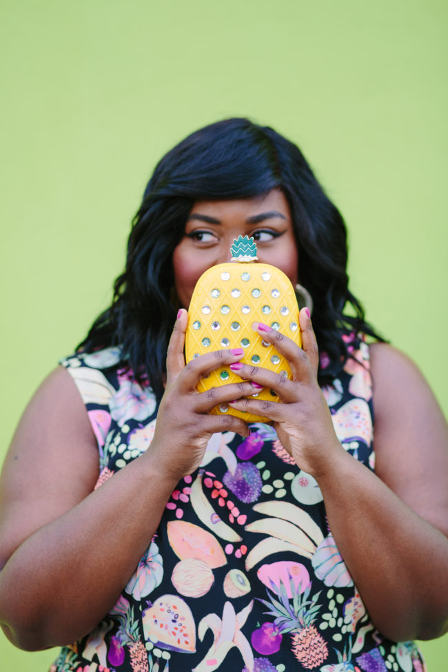 Musings of a Curvy Lady, Plus Size Fashion, Fashion Blogger, Gwynnie Bee, Rachel Antanoff for Gwynnie Bee, Fruit Print Dress, Pineapple Clutch, Women's Fashion, OOTD, Curvy Style, Nine West, Mango, Jacksonville, Orlando, Tampa, Miami, Florida, StyleWatch Magazine, Fashion Climaxx